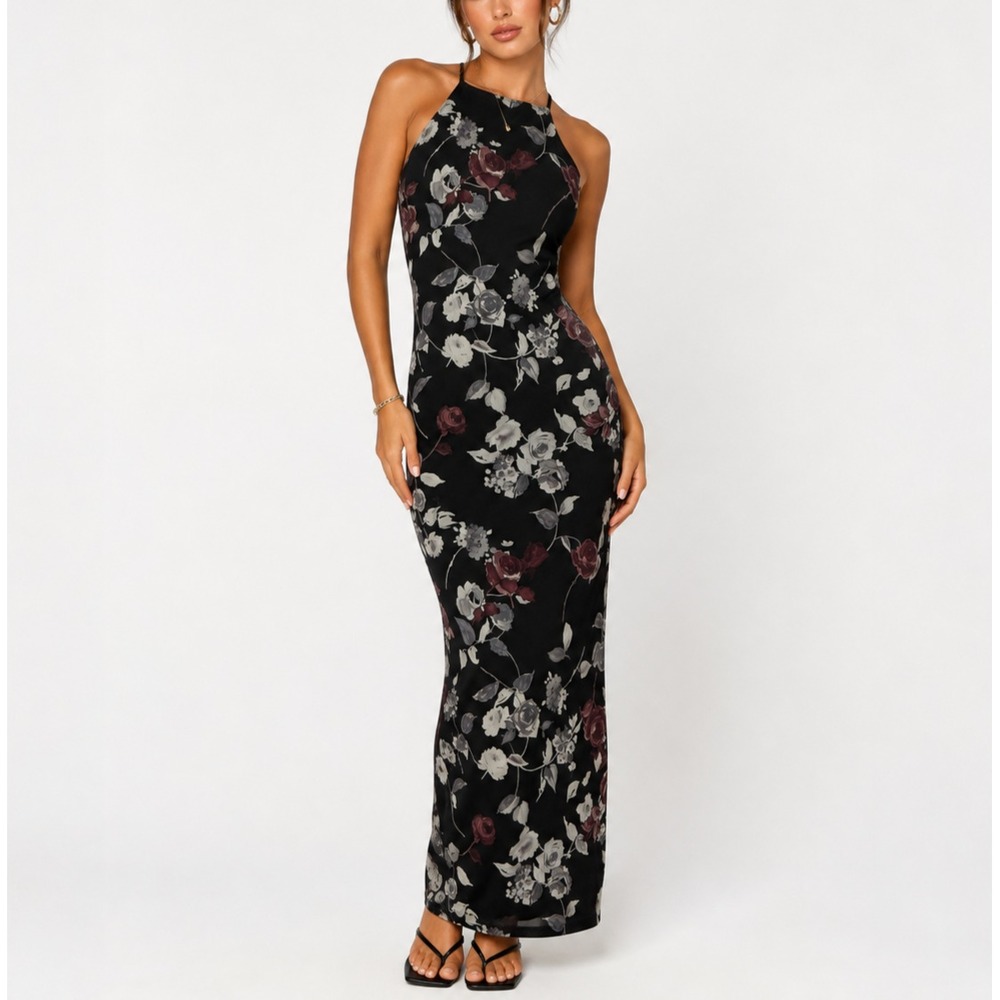 Vtg Y2K All That Jazz Slip Dress Womens M Black Halter Maxi Bodycon Gown Formal